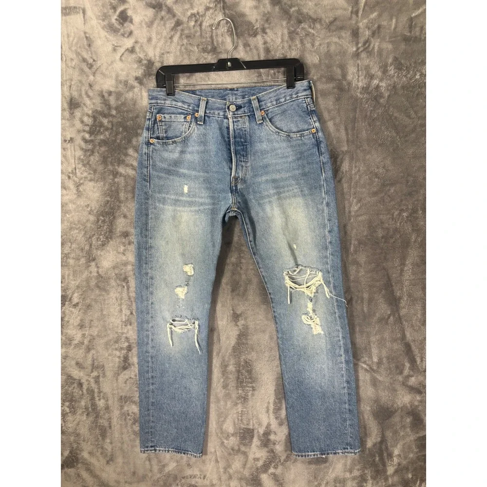 Levis 501 Mens Original Fit Distressed Straight Leg Jeans Blue W30 L30